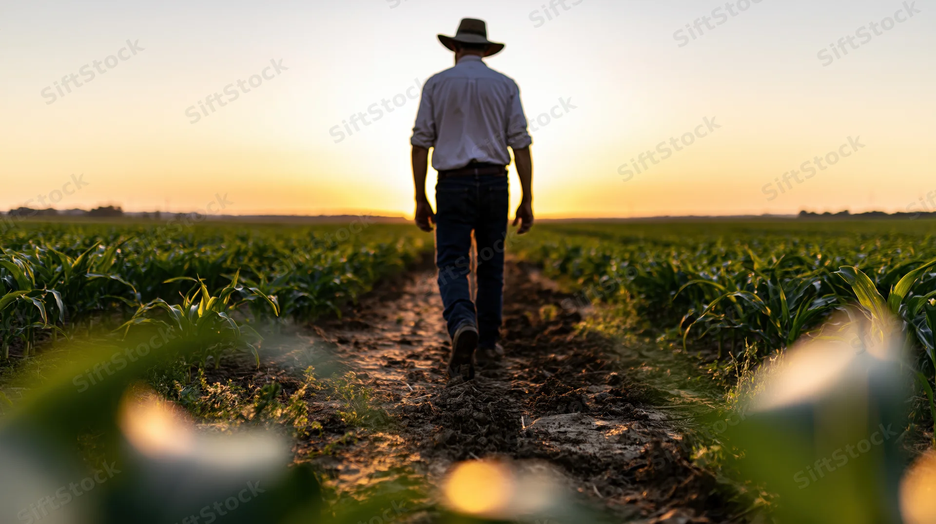 Farmer walking along a dirt path through a cornfield at sunset