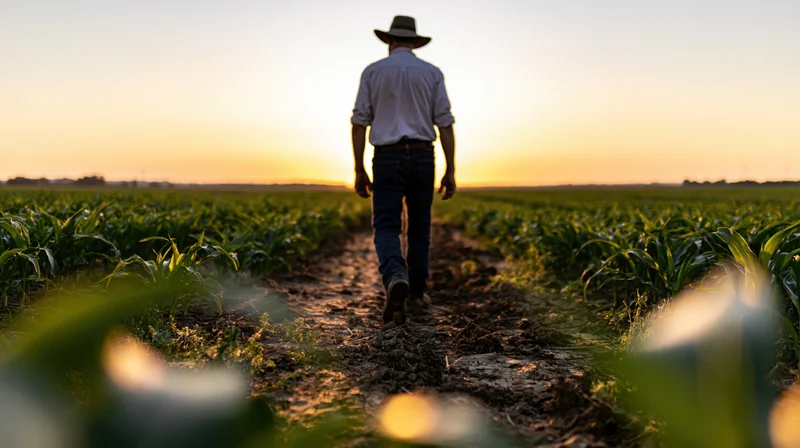 Farmer walking along a dirt path through a cornfield at sunset