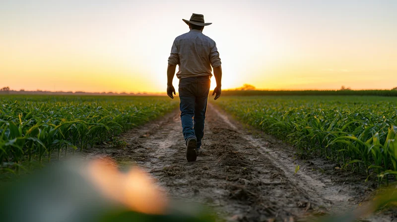 Farmer walking along dirt path through cornfield at sunset