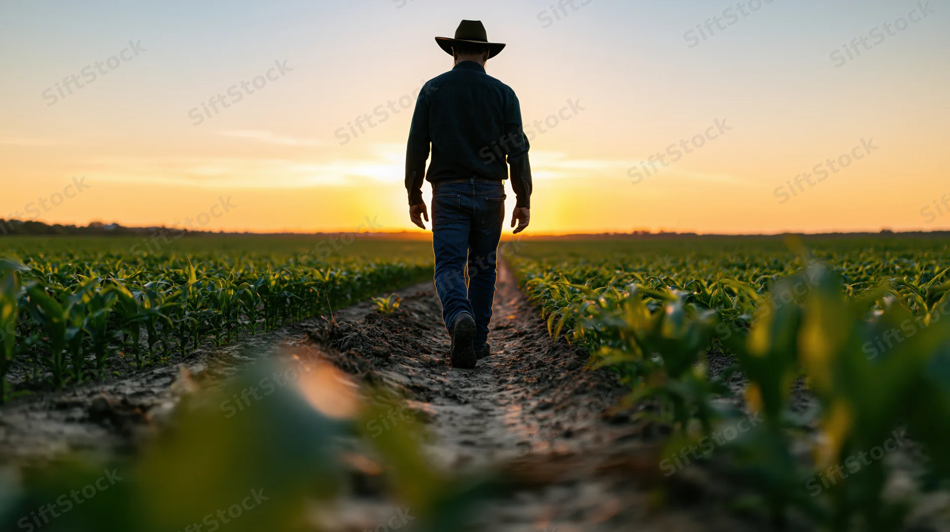 Farmer walking along a crop row in a field at sunset