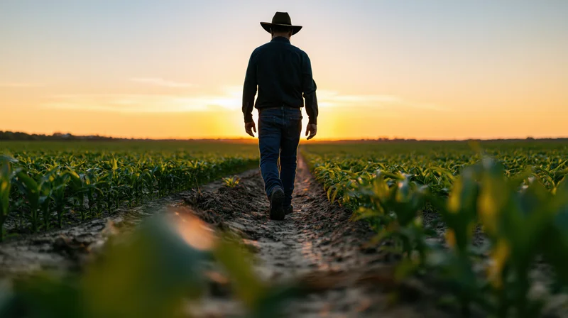 Farmer walking along a crop row in a field at sunset