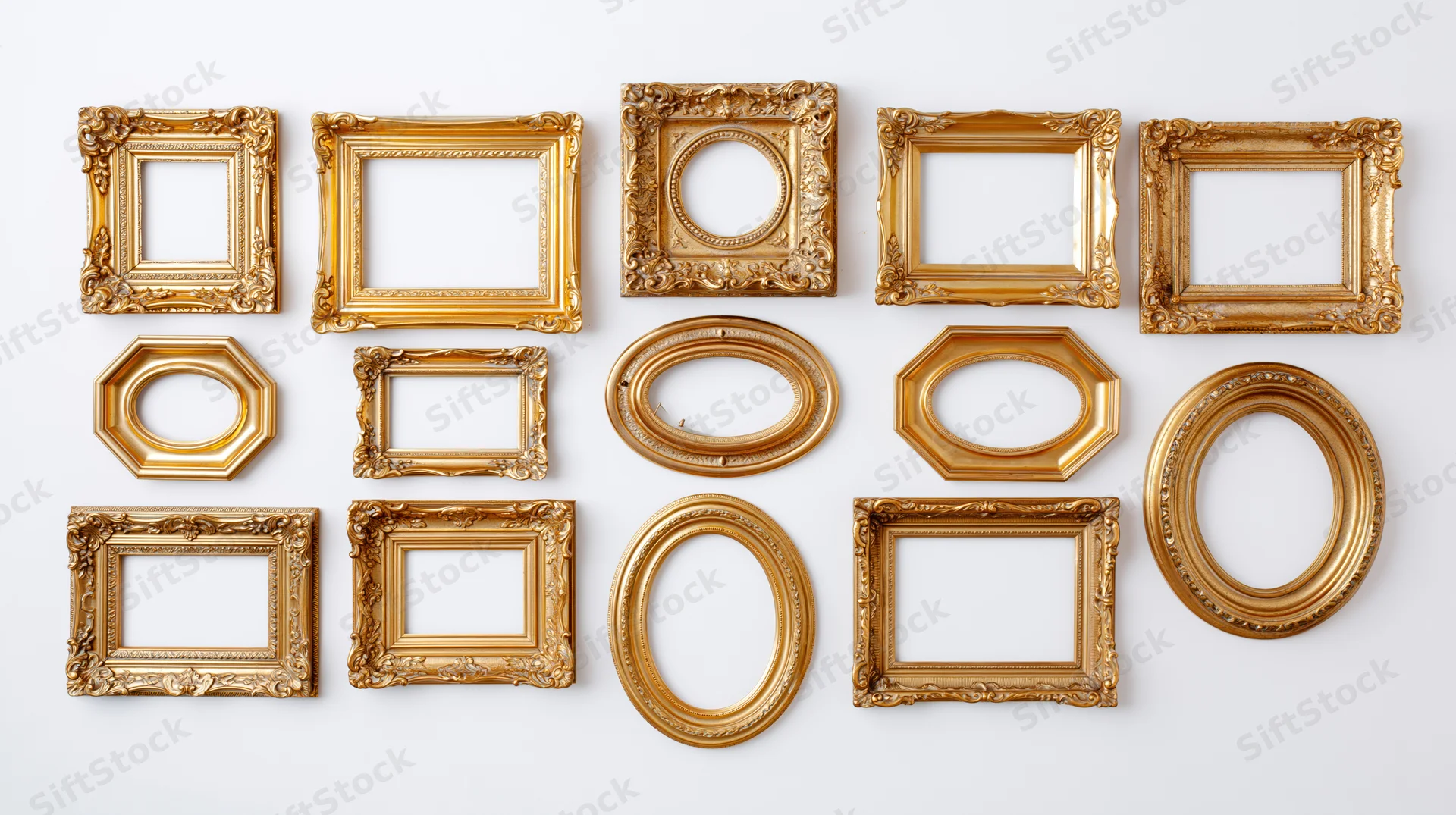 Fifteen ornate antique gold picture frames arranged in three rows on a white wall