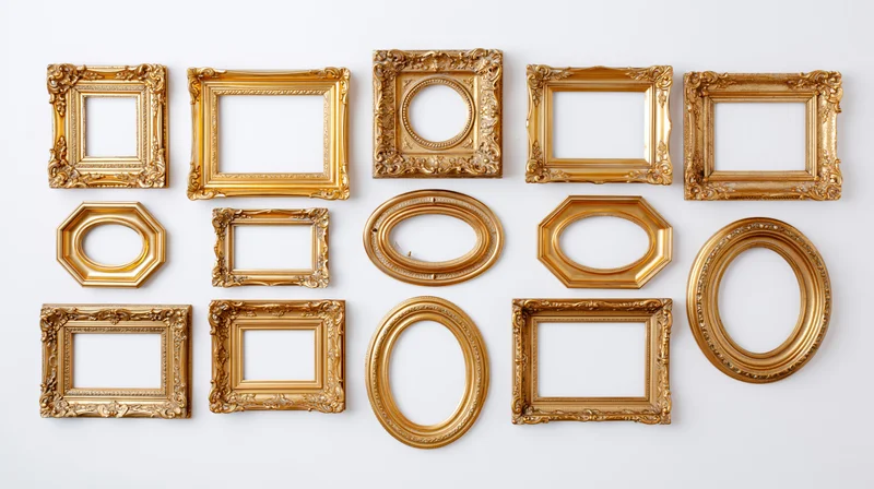 Fifteen ornate antique gold picture frames arranged in three rows on a white wall