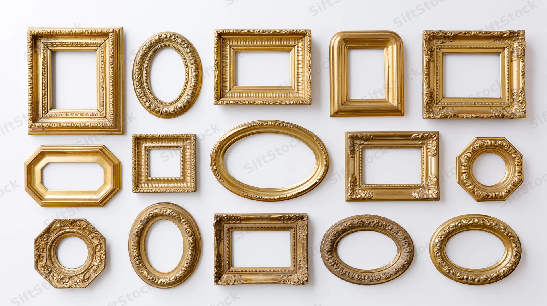 Fifteen ornate antique gold picture frames arranged in three rows on a white background