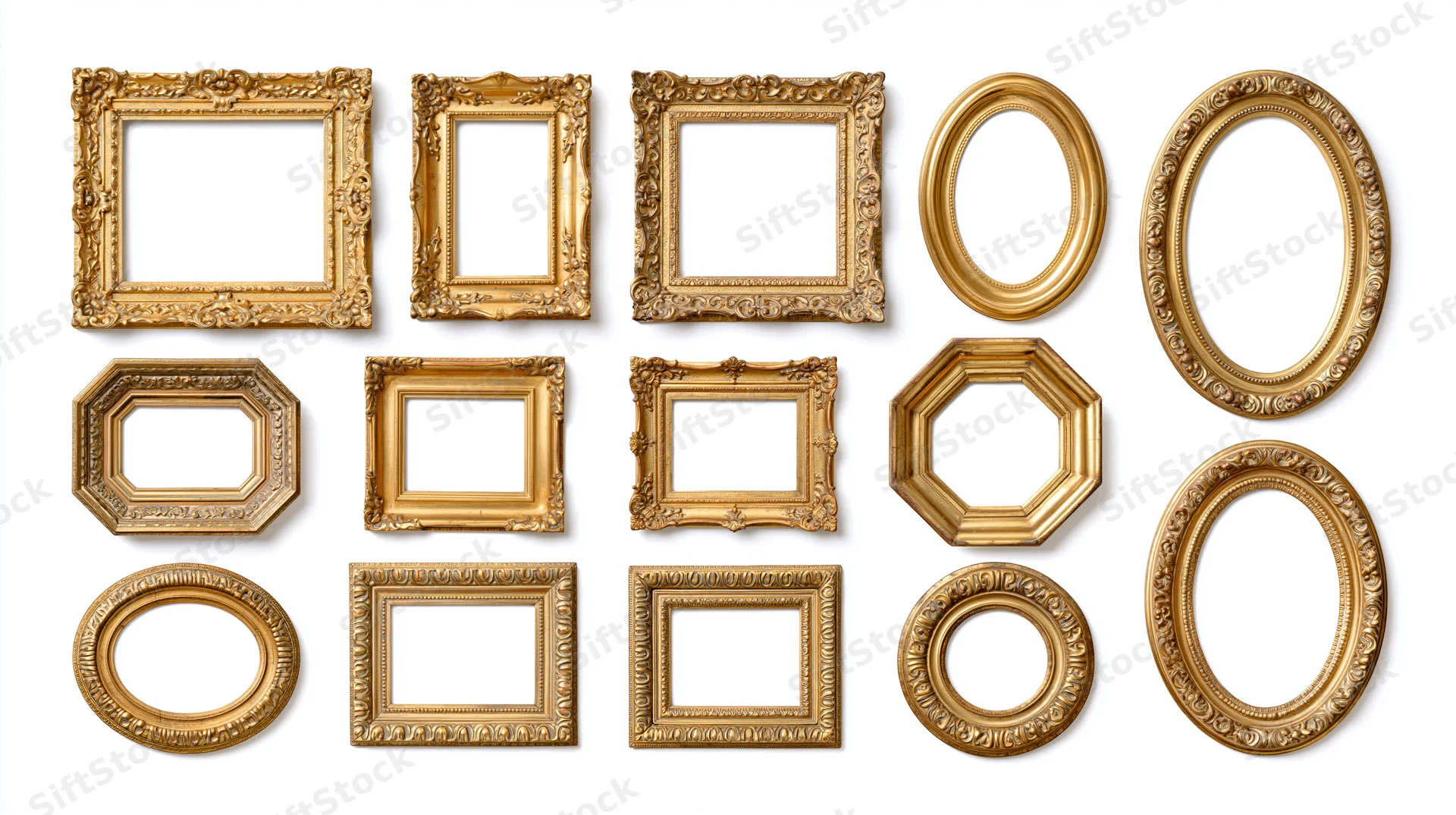 Fifteen ornate antique gold picture frames arranged in three rows on white background