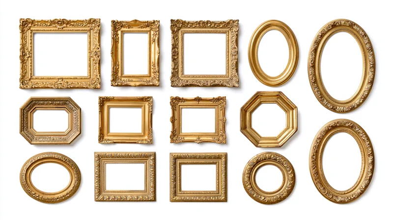 Fifteen ornate antique gold picture frames arranged in three rows on white background