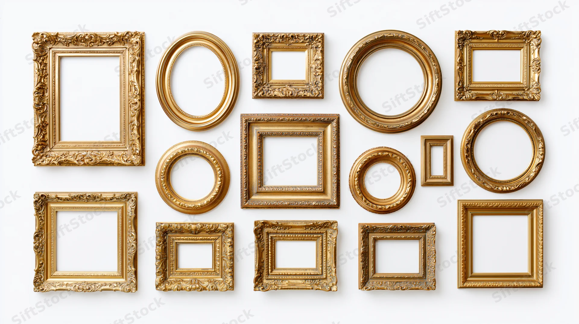 Fifteen ornate gold picture frames arranged in a grid layout on white background