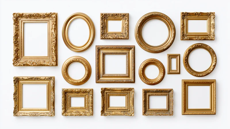 Fifteen ornate gold picture frames arranged in a grid layout on white background