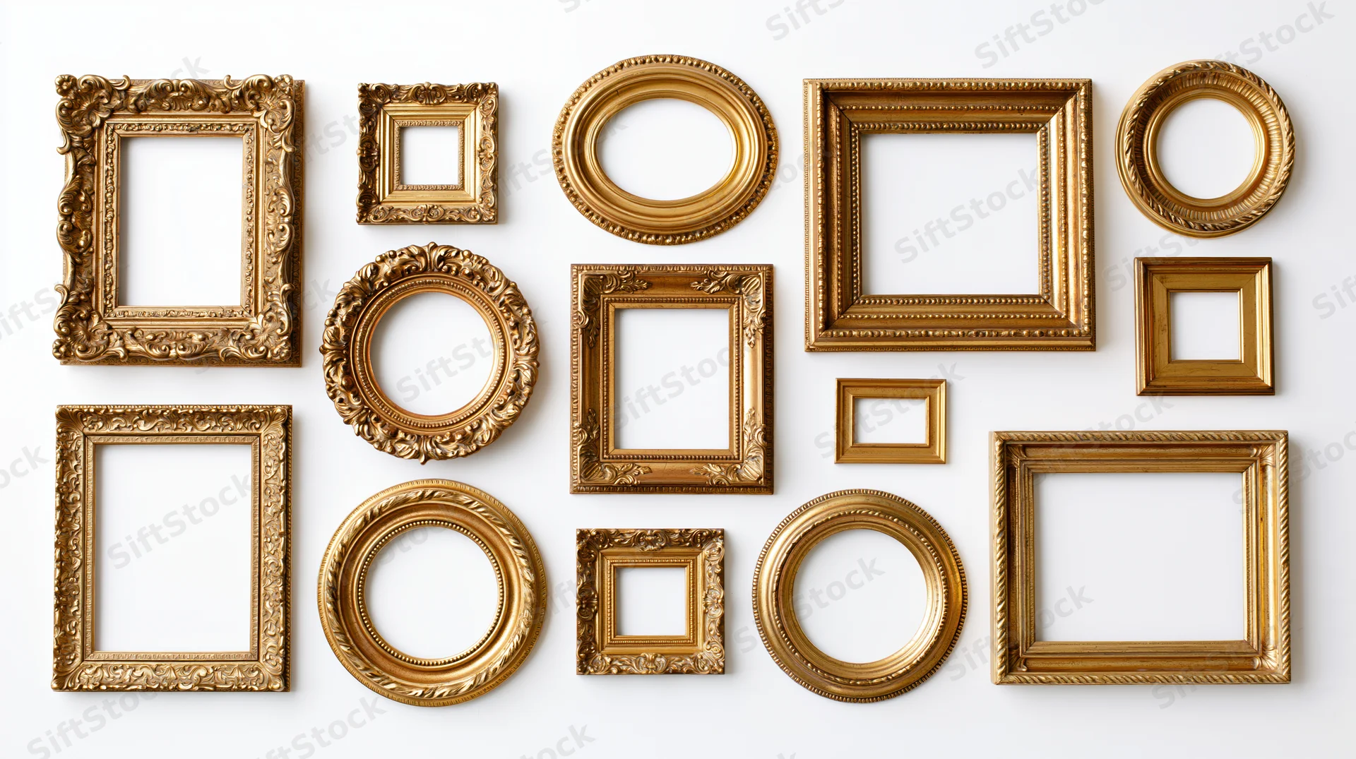 Fifteen ornate gold picture frames arranged in a grid layout on a white background