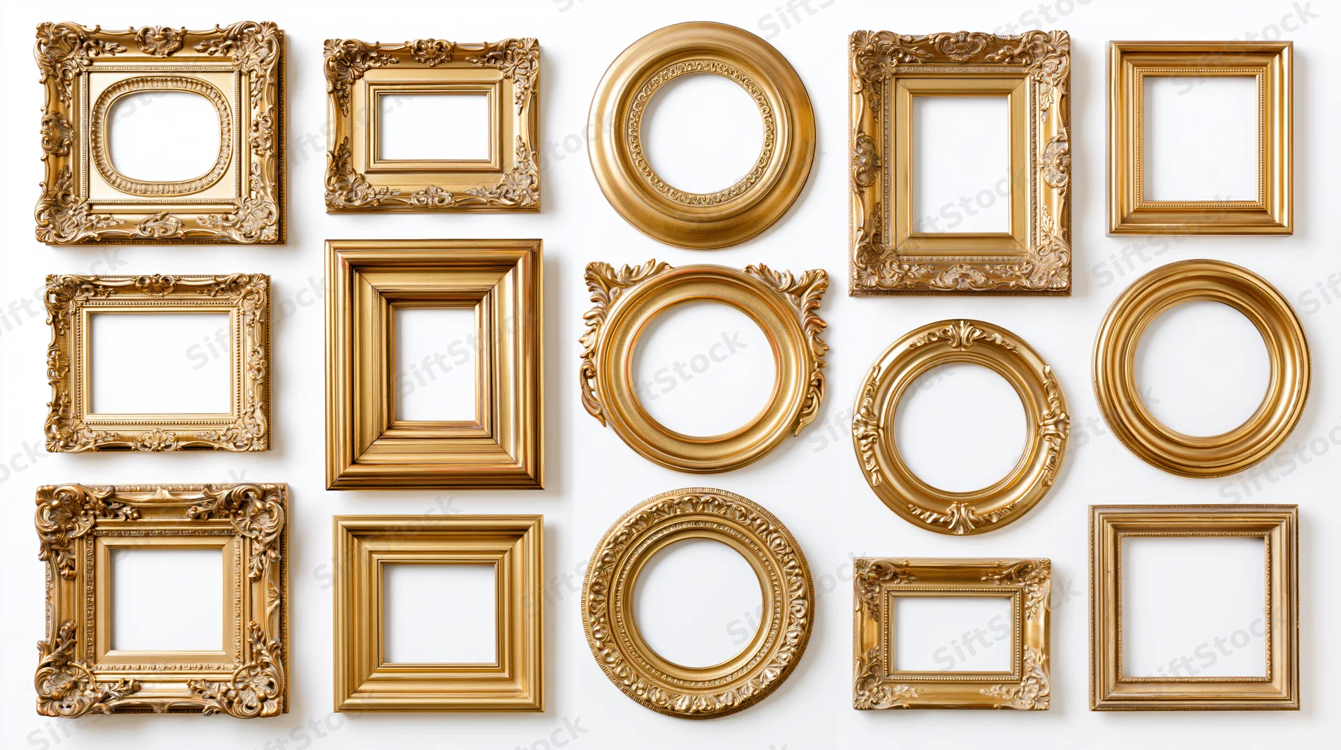 Fifteen ornate gold picture frames arranged in a grid layout on white background