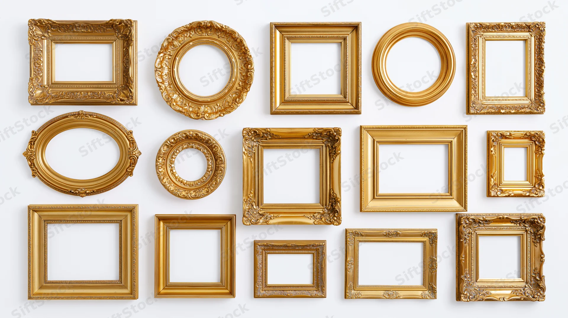 Fifteen ornate gold picture frames arranged in grid layout on white background