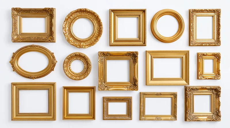 Fifteen ornate gold picture frames arranged in grid layout on white background