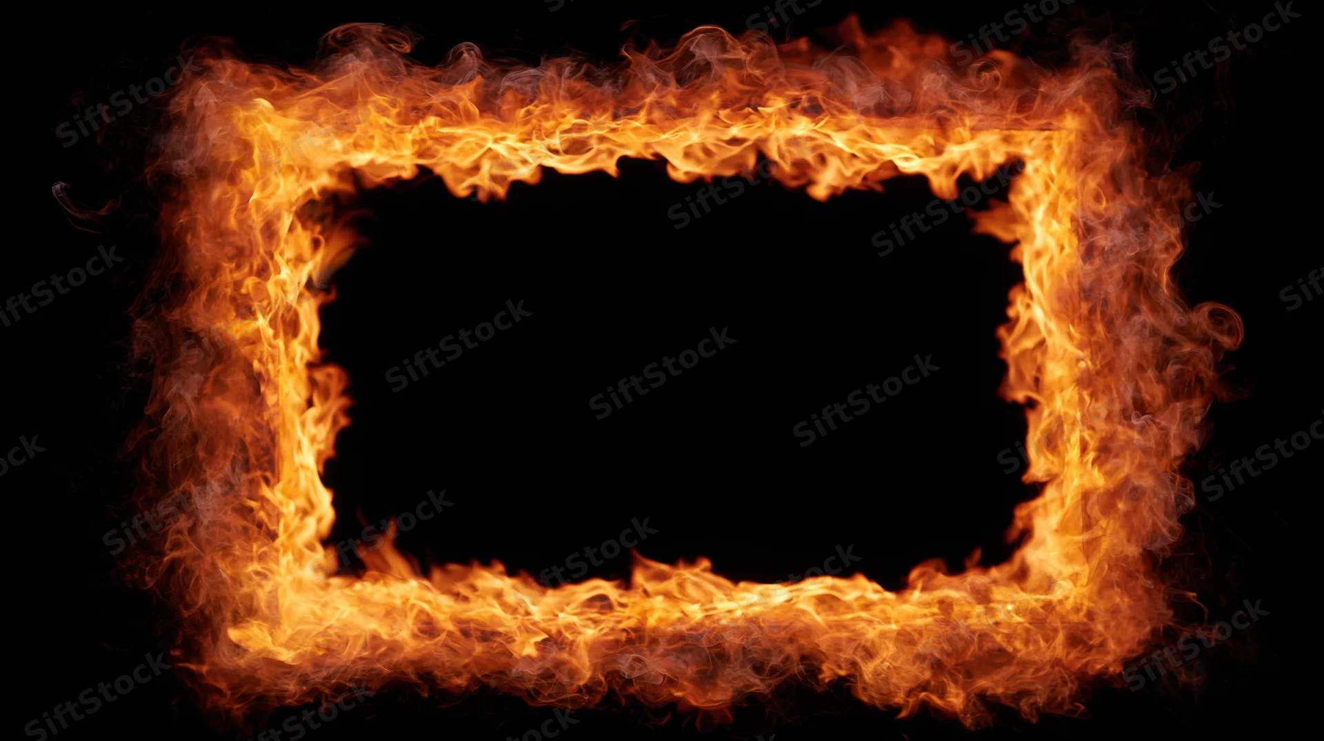 Fiery rectangular frame of flames and smoke on black background with central copyspace