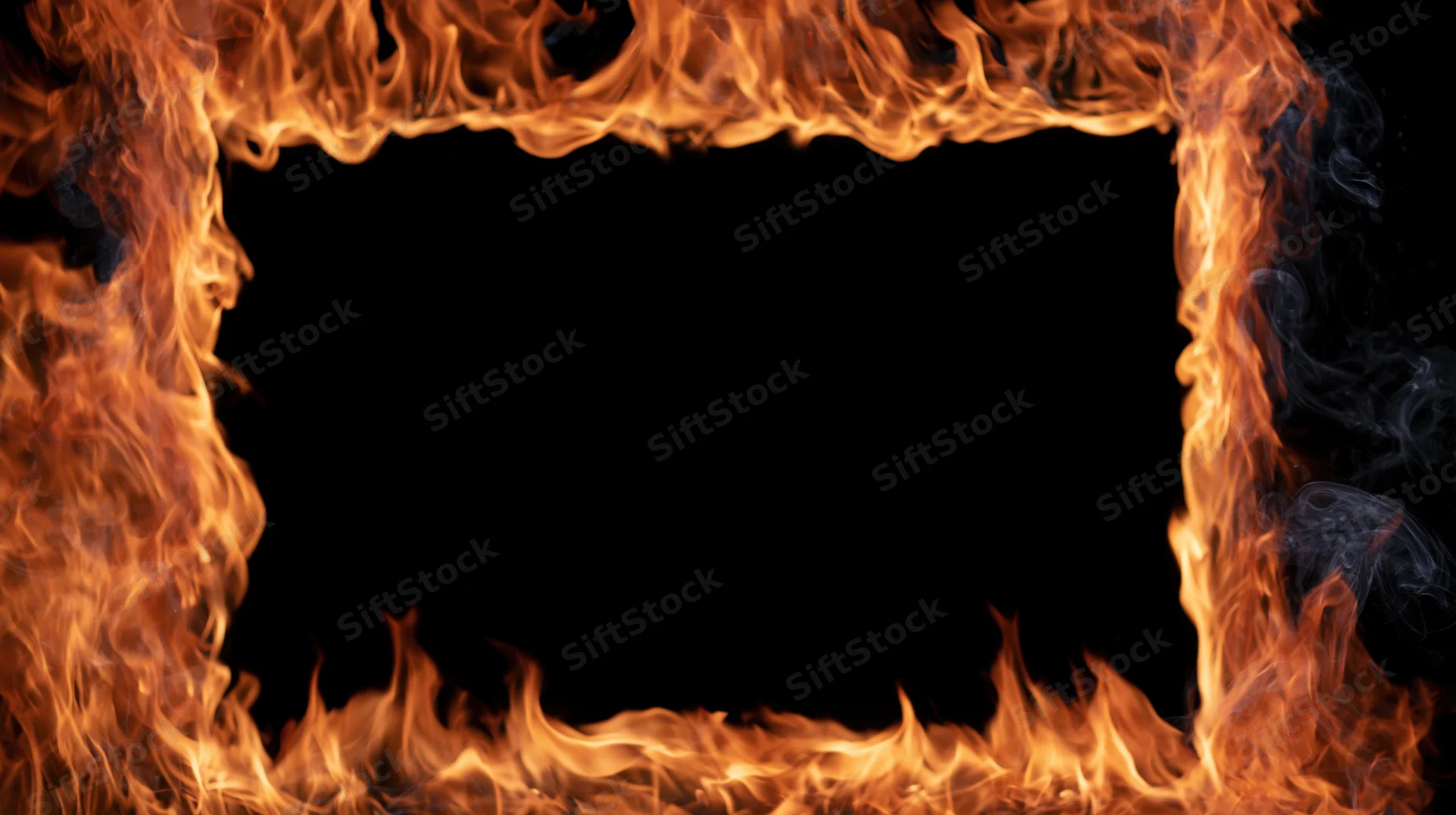 Fiery rectangular frame of flames and smoke surrounding a black center