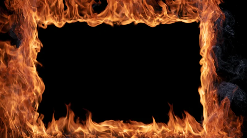 Fiery rectangular frame of flames and smoke surrounding a black center