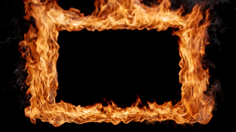Fiery rectangular frame of flames and smoke surrounding a black empty center