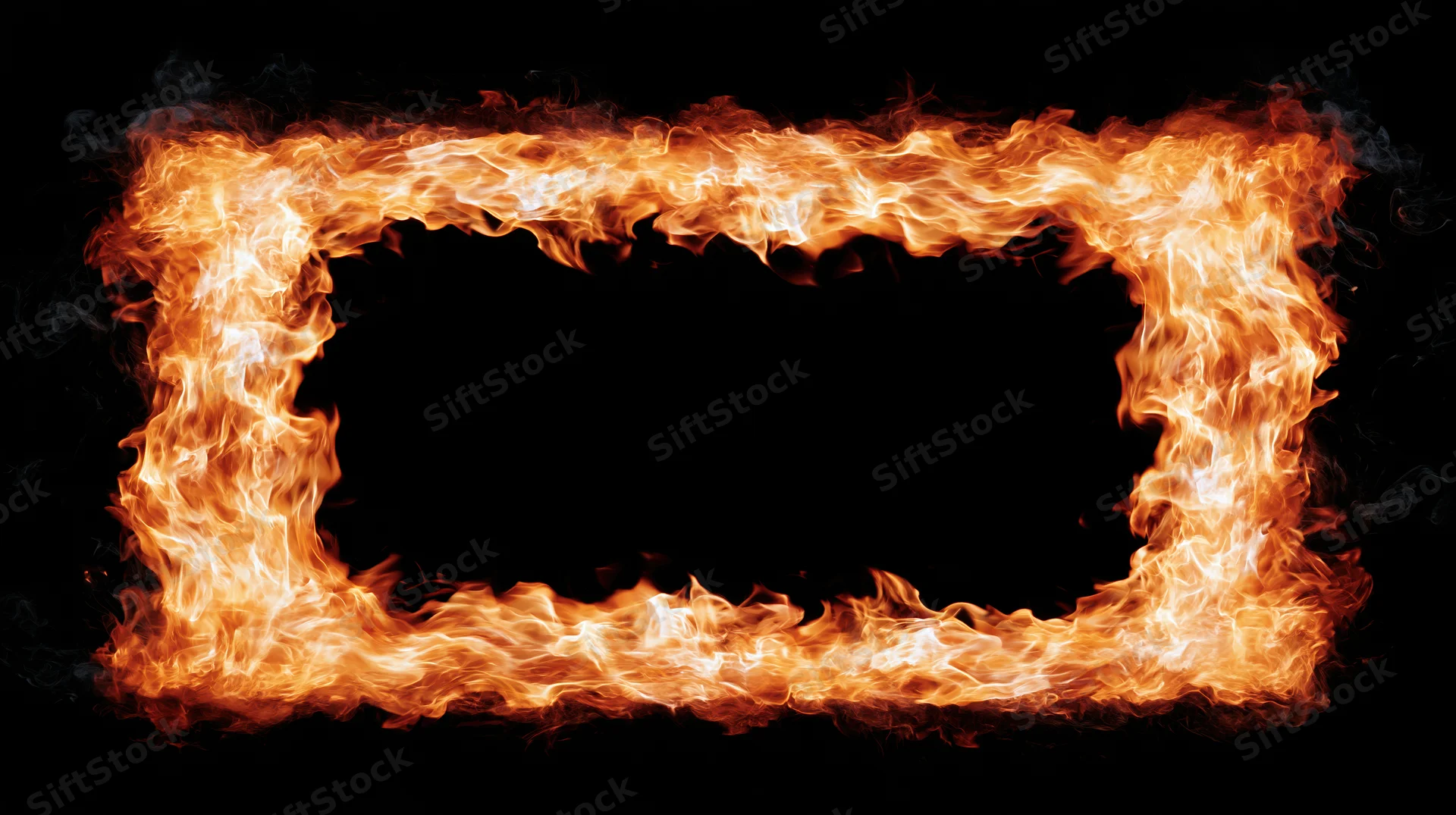 Fiery flames forming a rectangular border frame around a black copyspace