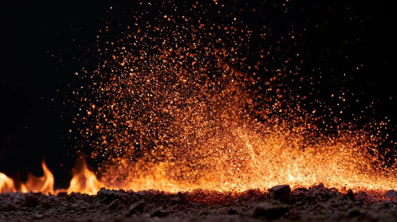 Fire embers and sparks exploding upward from a low flame line on dark ground