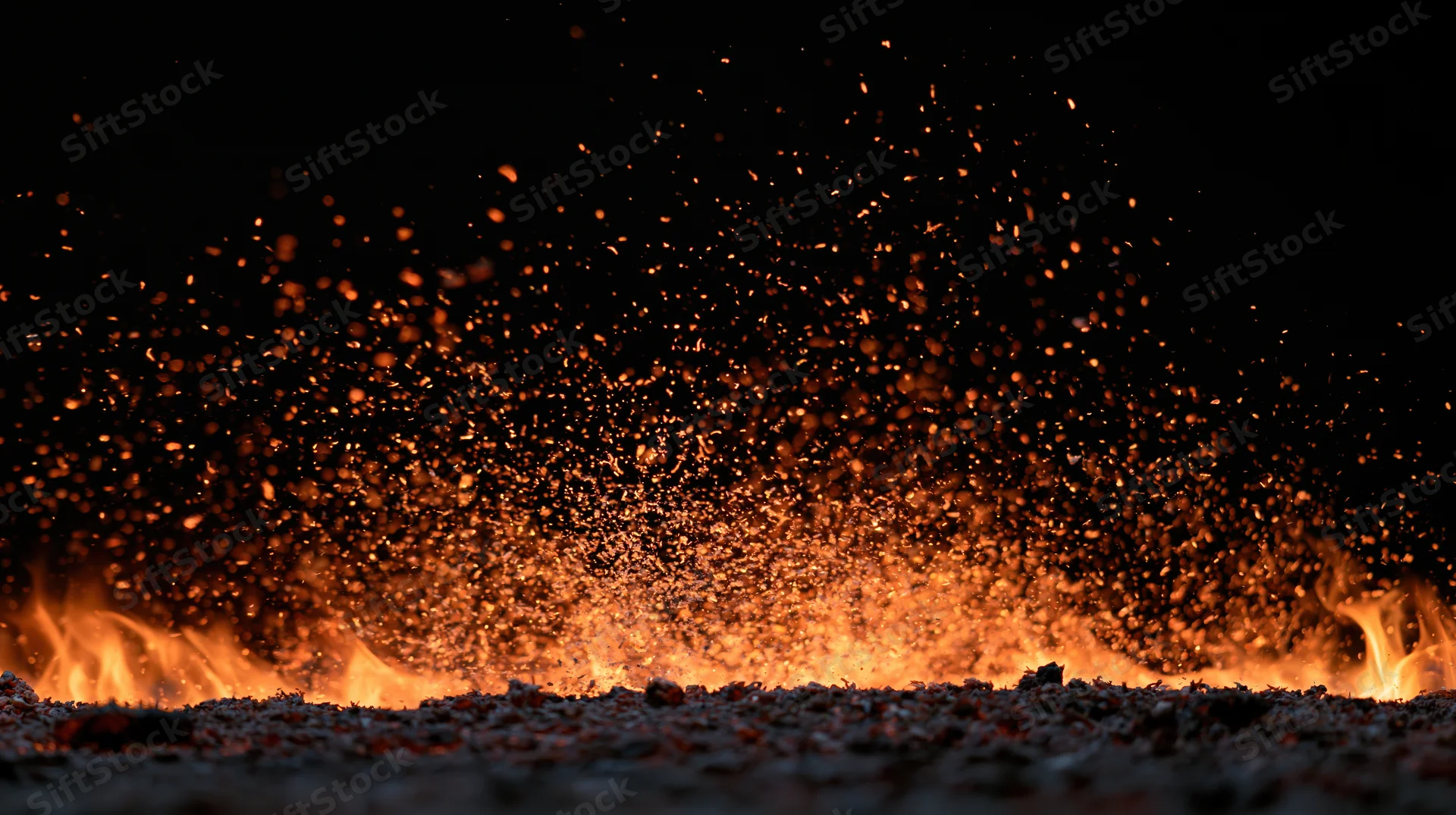 Fire embers and sparks rising from a low flame line at night