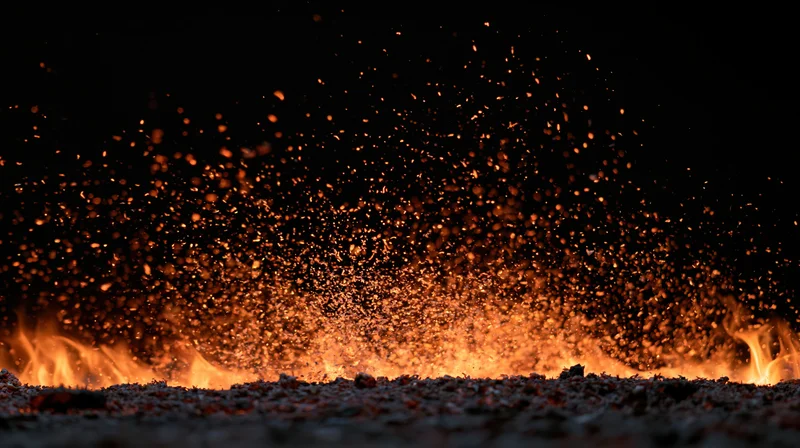 Fire embers and sparks rising from a low flame line at night
