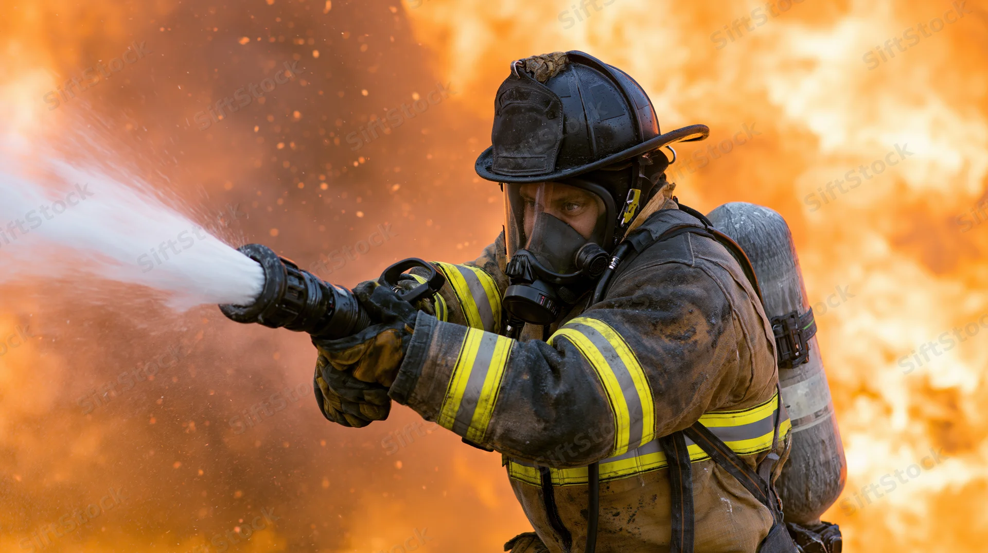 Firefighter in full turnout gear spraying water from hose against flames
