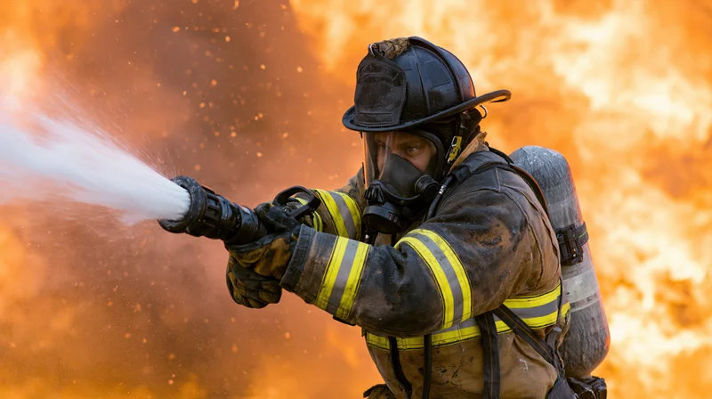 Firefighter in full turnout gear spraying water from hose against flames