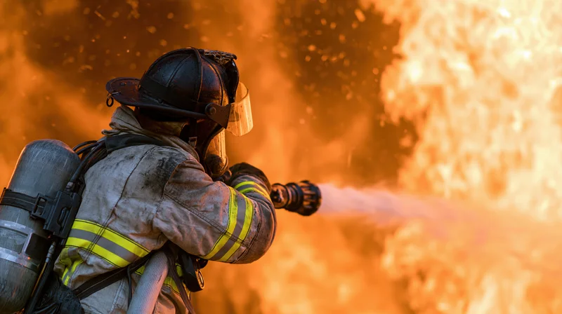 Firefighter in turnout gear spraying water from hose at flames