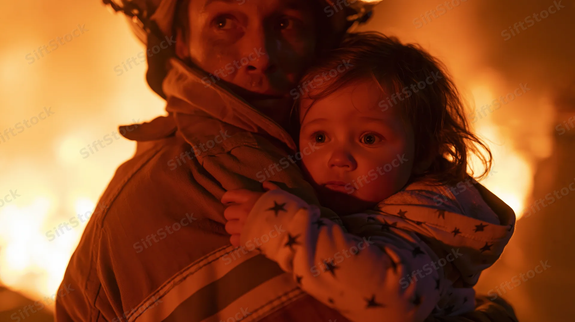 Firefighter holding a child in smoke-filled environment illuminated by firelight