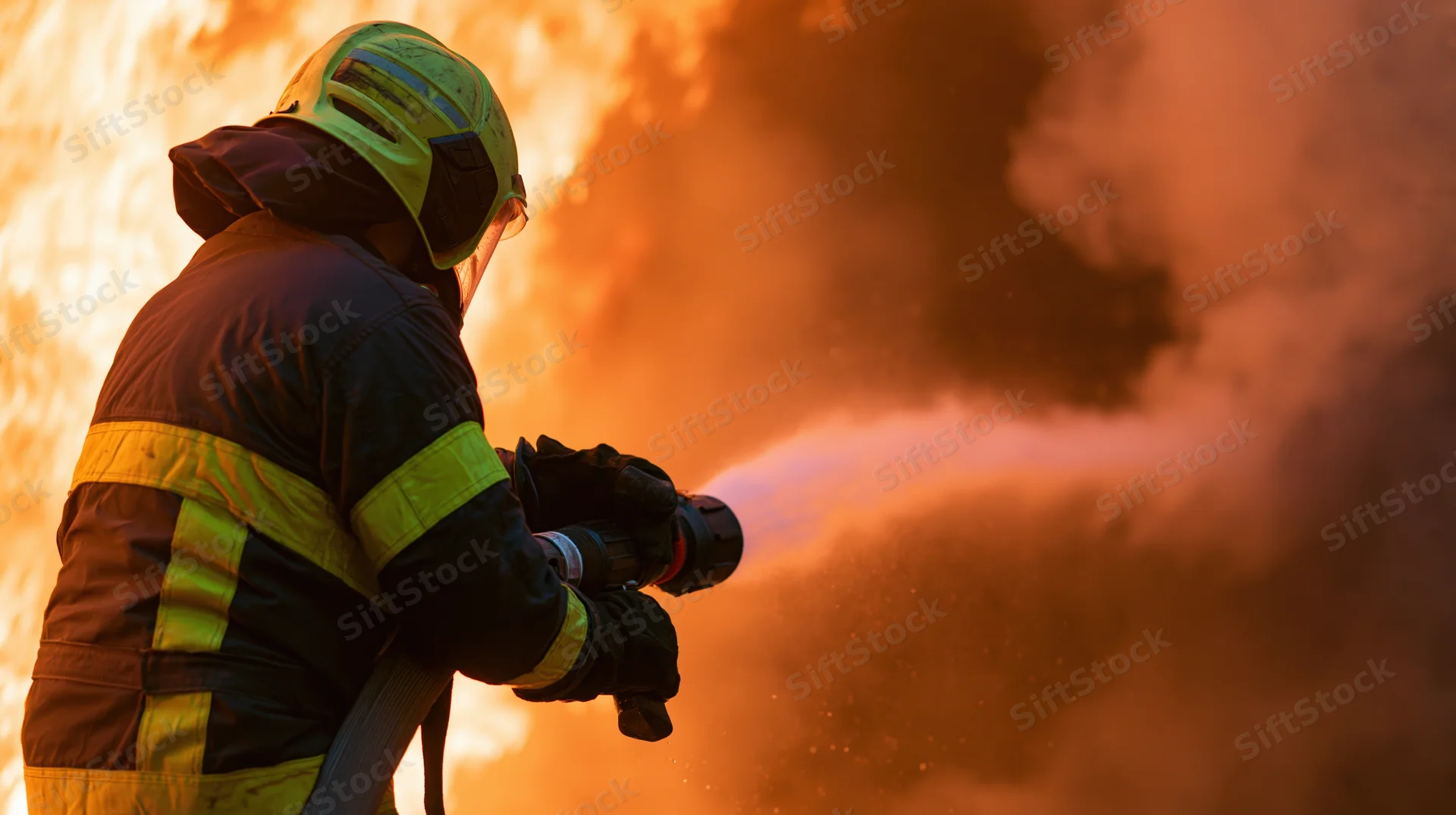 Firefighter in turnout gear spraying water from hose nozzle into flames