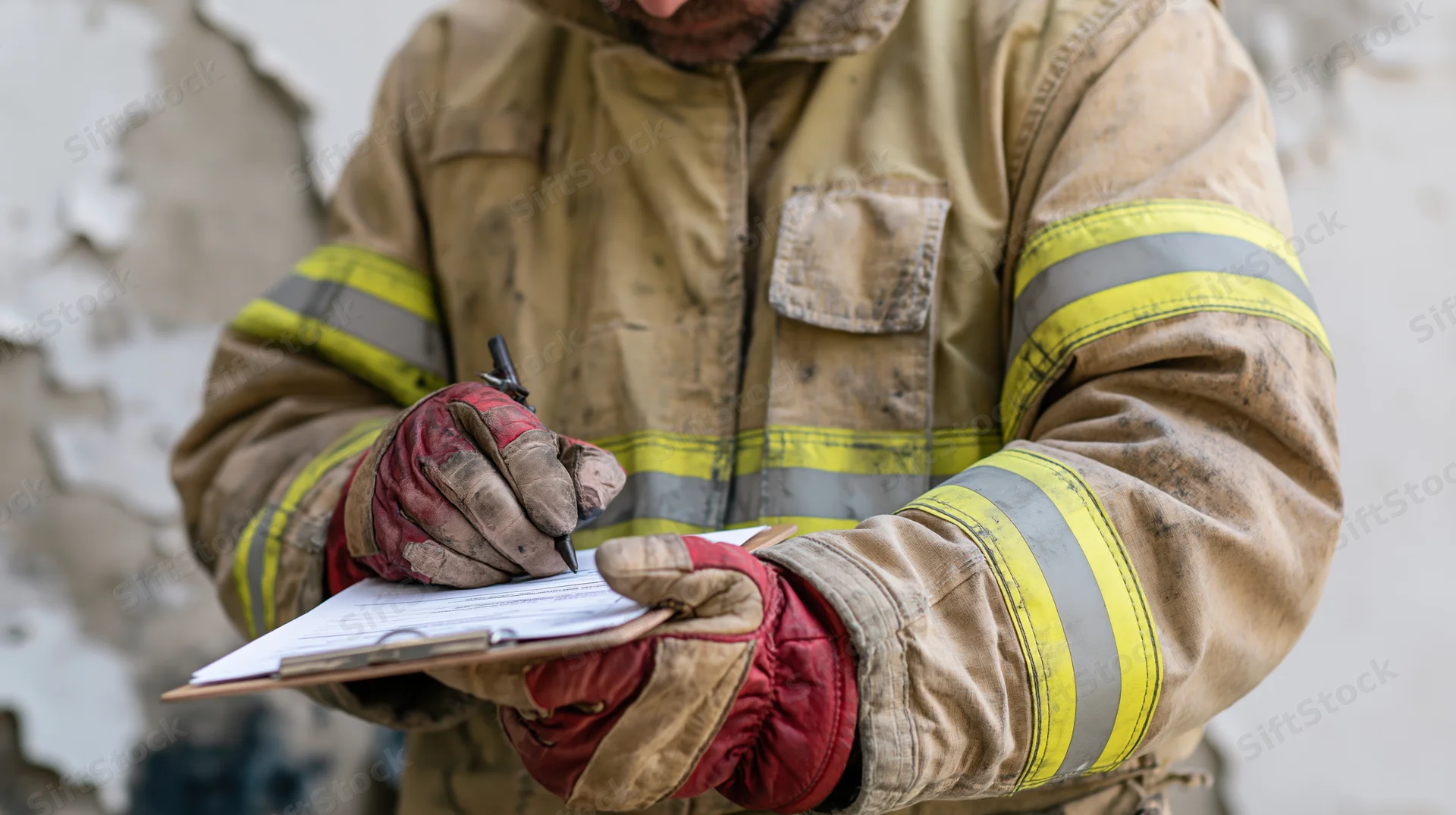 Firefighter in turnout gear writing on clipboard during inspection of damaged building