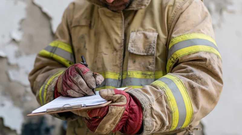 Firefighter in turnout gear writing on clipboard during inspection of damaged building