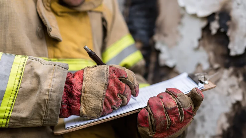 Firefighter in turnout gear writing on clipboard at fire damage scene