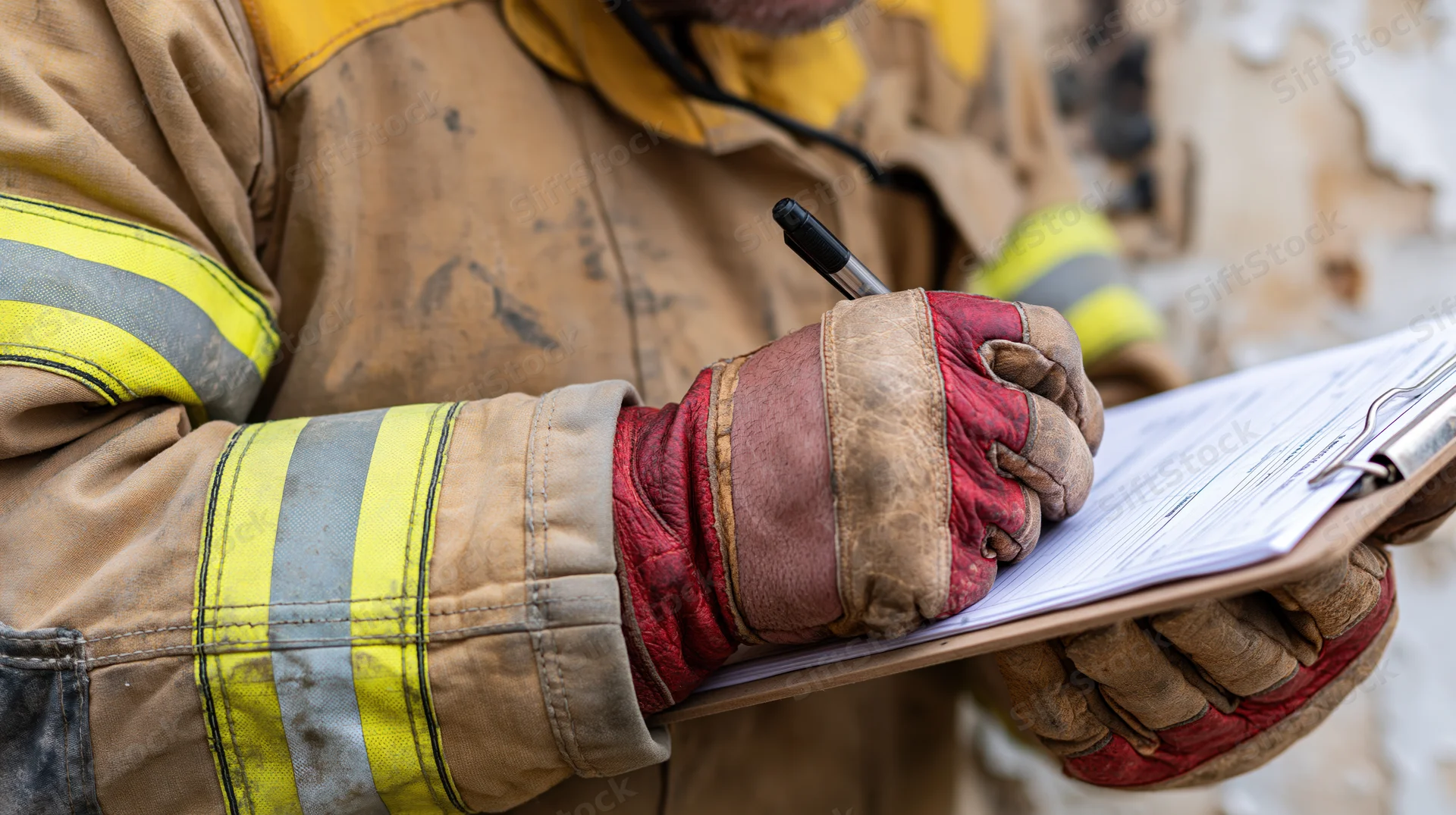 Firefighter in turnout gear writing on clipboard outdoors