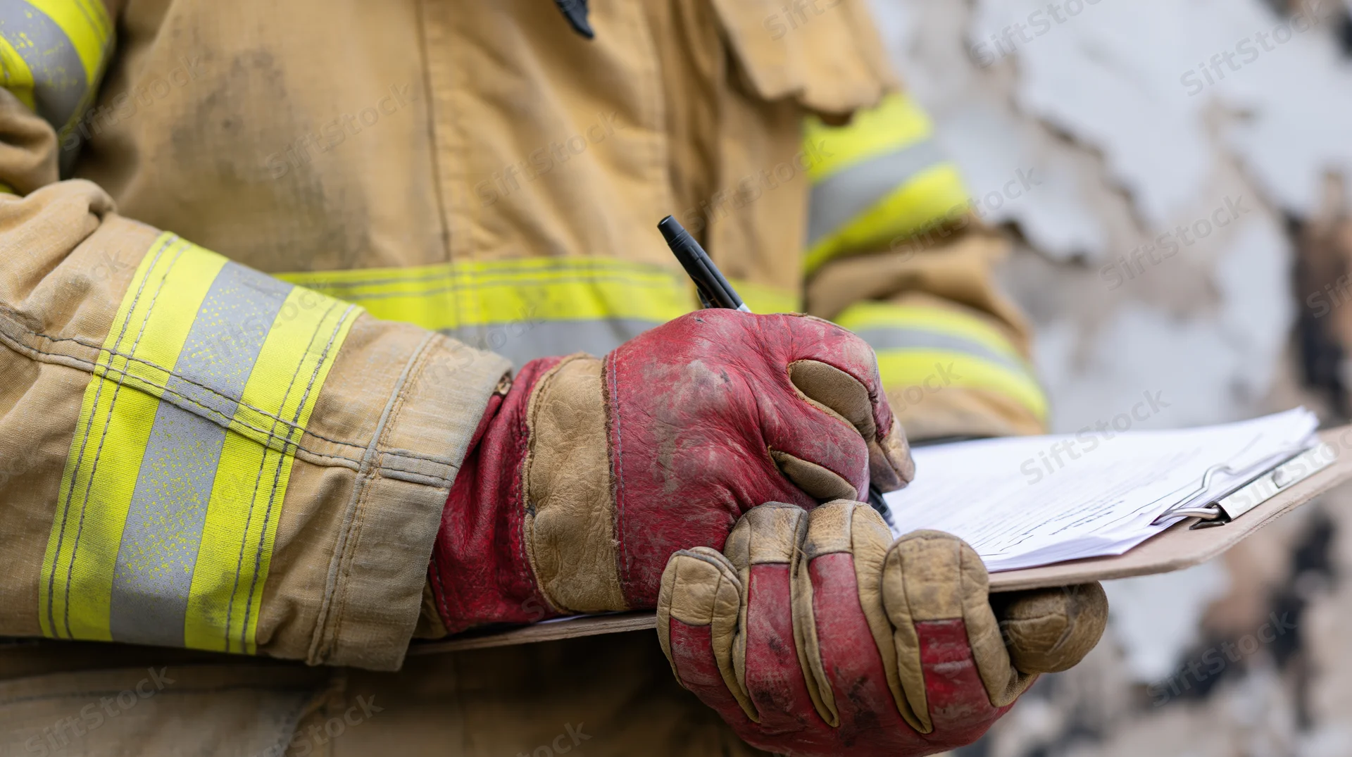 Firefighter in turnout gear writing on clipboard at emergency site