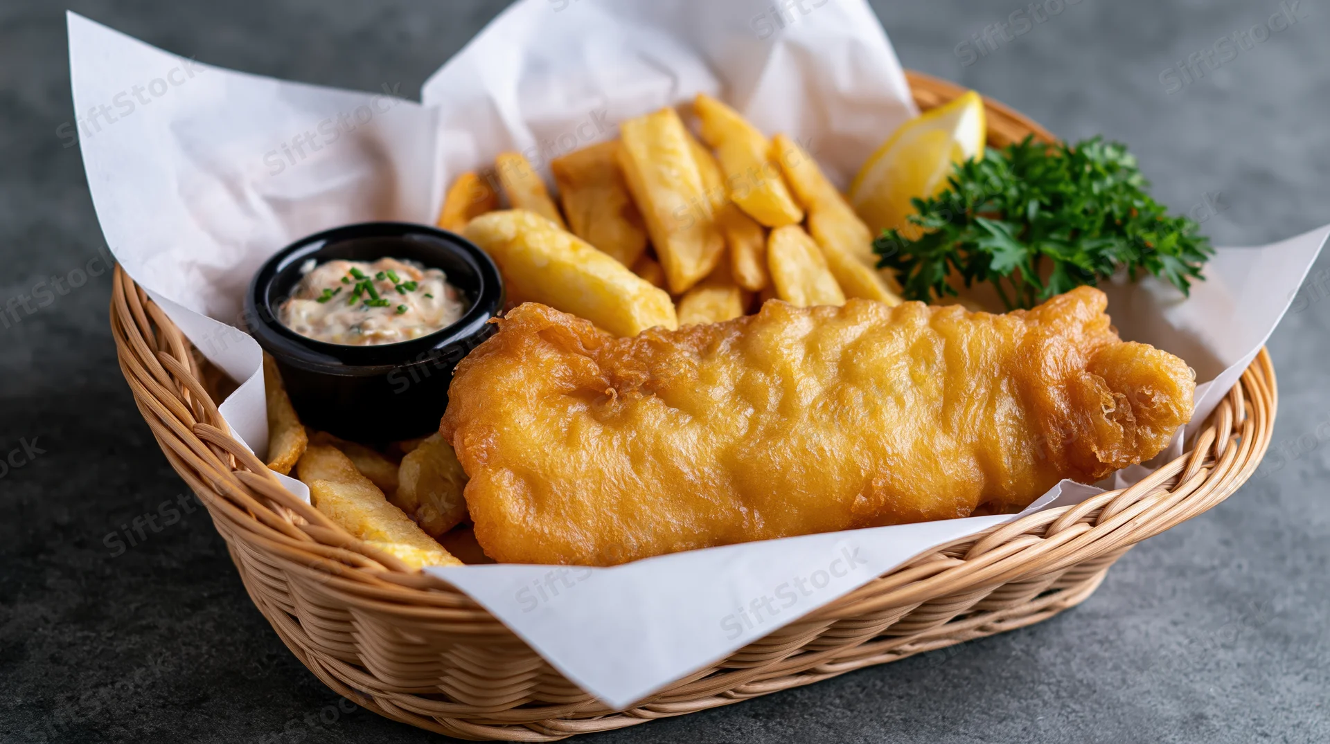 Golden fried fish and chips in a wicker basket lined with white paper on a dark surface
