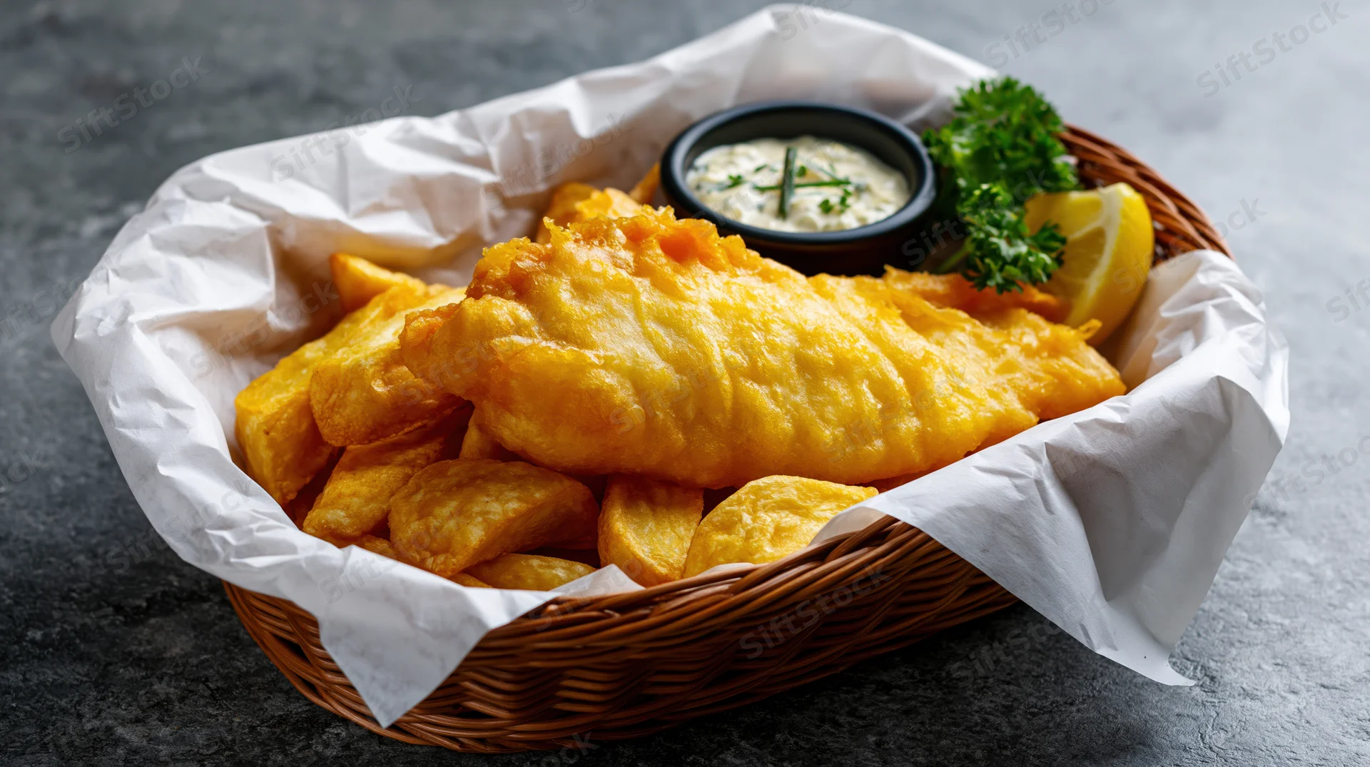 Golden fried fish and chips in a wicker basket lined with white paper on a dark stone surface