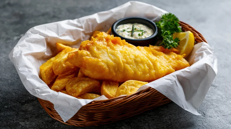 Golden fried fish and chips in a wicker basket lined with white paper on a dark stone surface