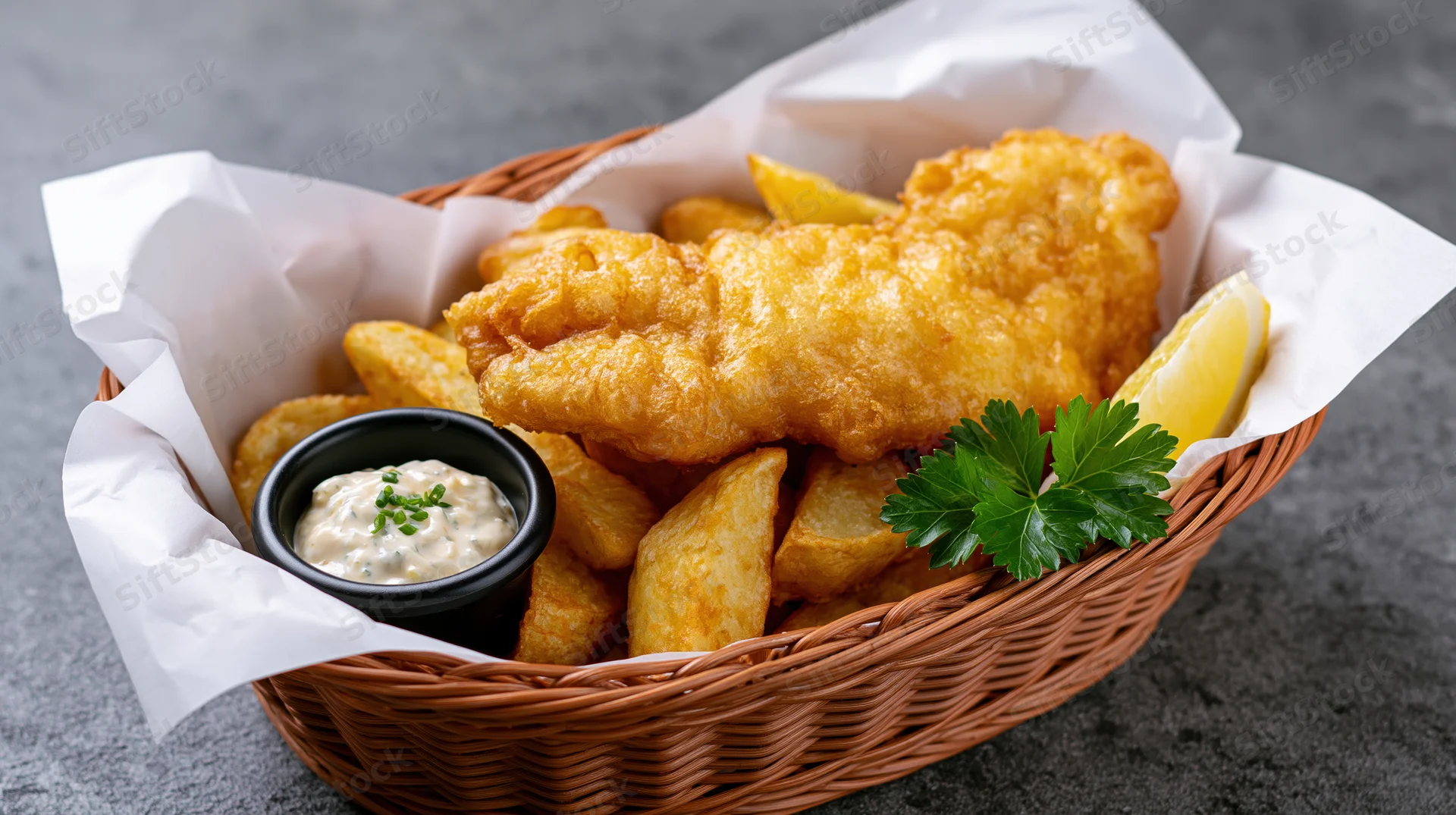 Fried fish and chips in a wicker basket lined with white paper on a gray surface