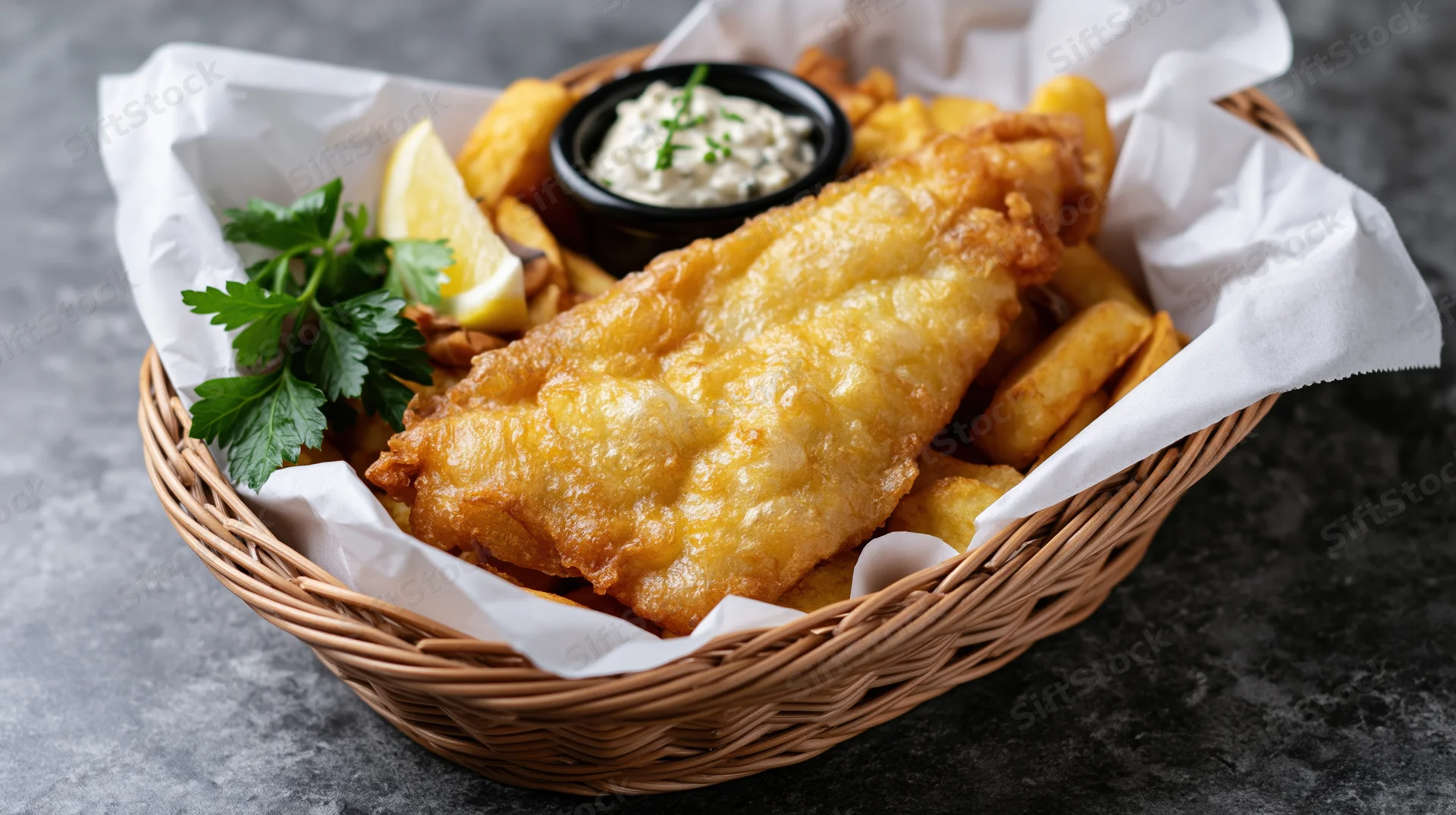 Golden fried fish and chips in a wicker basket lined with white paper on a dark stone surface