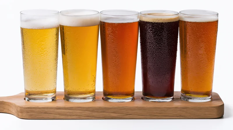 Five beer glasses in a row on a wooden tray, each with different color and foam, condensation visible