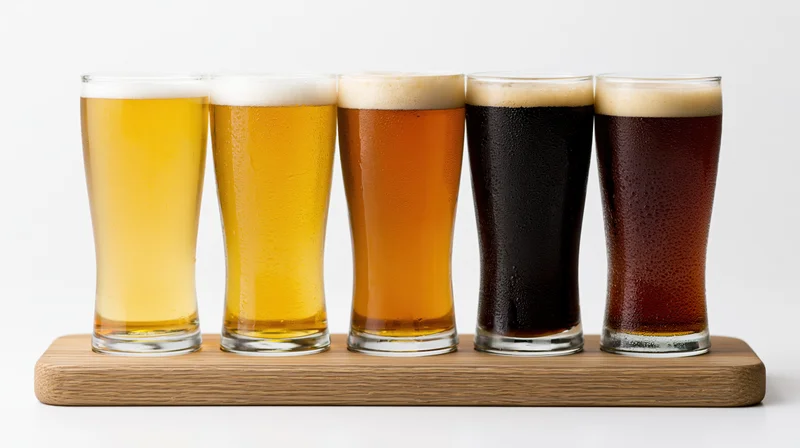 Five beer glasses in a row on a wooden tray
