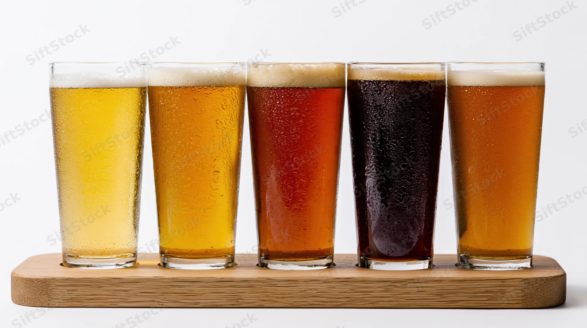 Five beer glasses in a row on a wooden tray