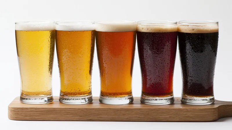 Five beer glasses in a row on a wooden tray showing different beer colors and foam heads