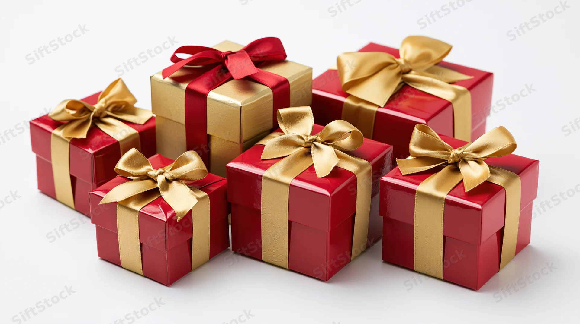 Red and gold gift boxes with ribbons arranged in a cluster on white background