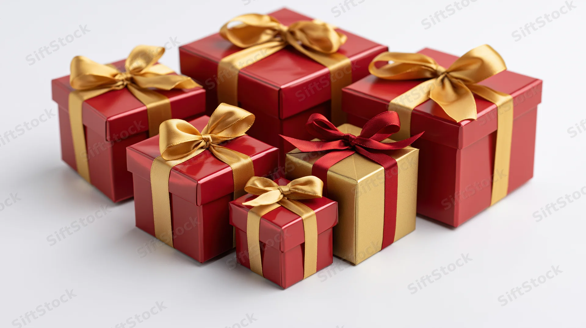Red and gold gift boxes with ribbons arranged in a cluster on a white background