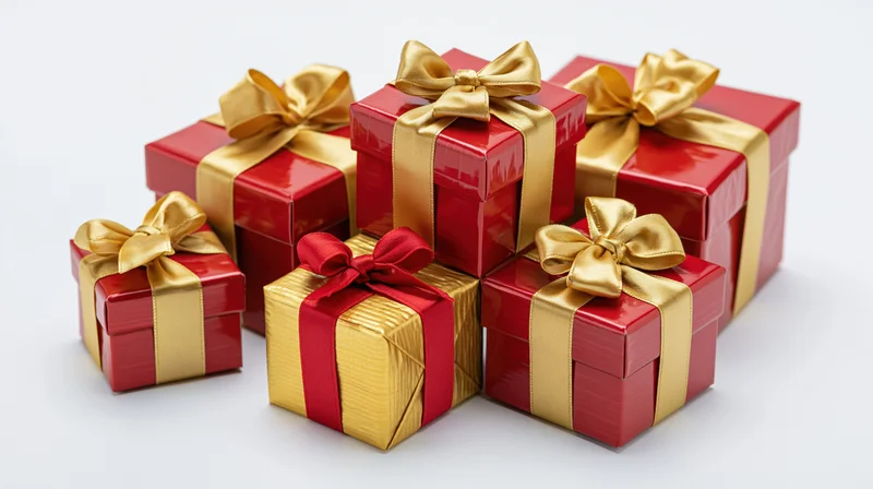 Red and gold gift boxes with ribbons arranged in a cluster on white background