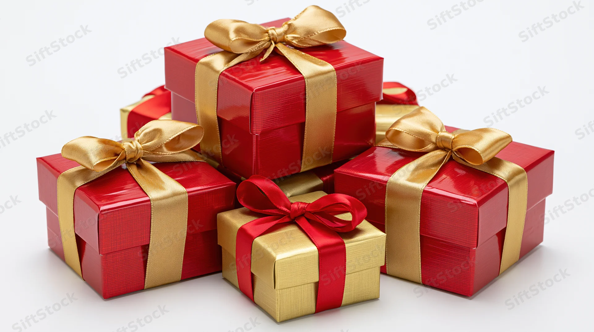 Red and gold gift boxes with ribbons arranged in a cluster on white background