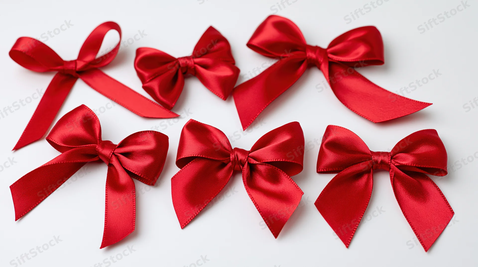 Six red satin ribbon bows arranged in flat lay on white background