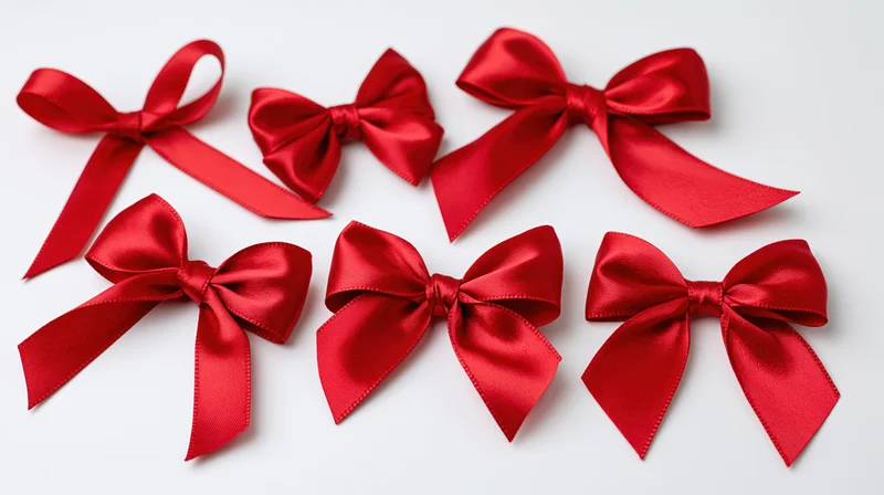Six red satin ribbon bows arranged in flat lay on white background