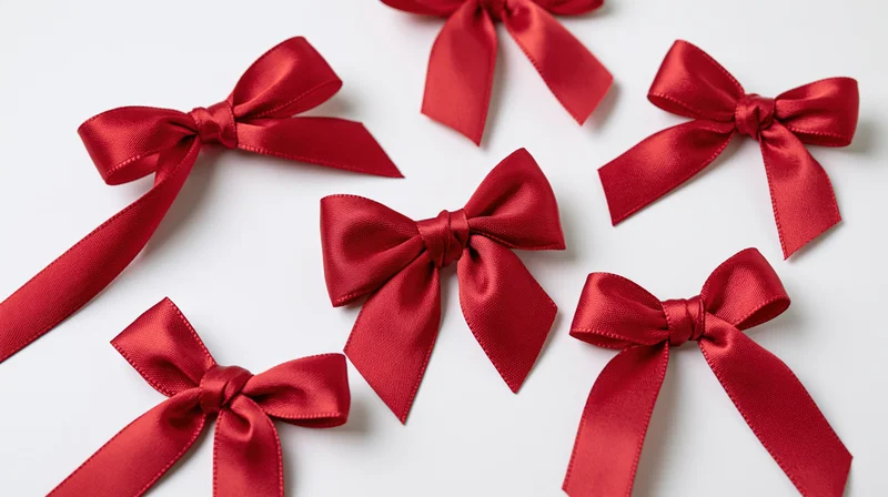 Red satin ribbon bows arranged in flat lay on white background